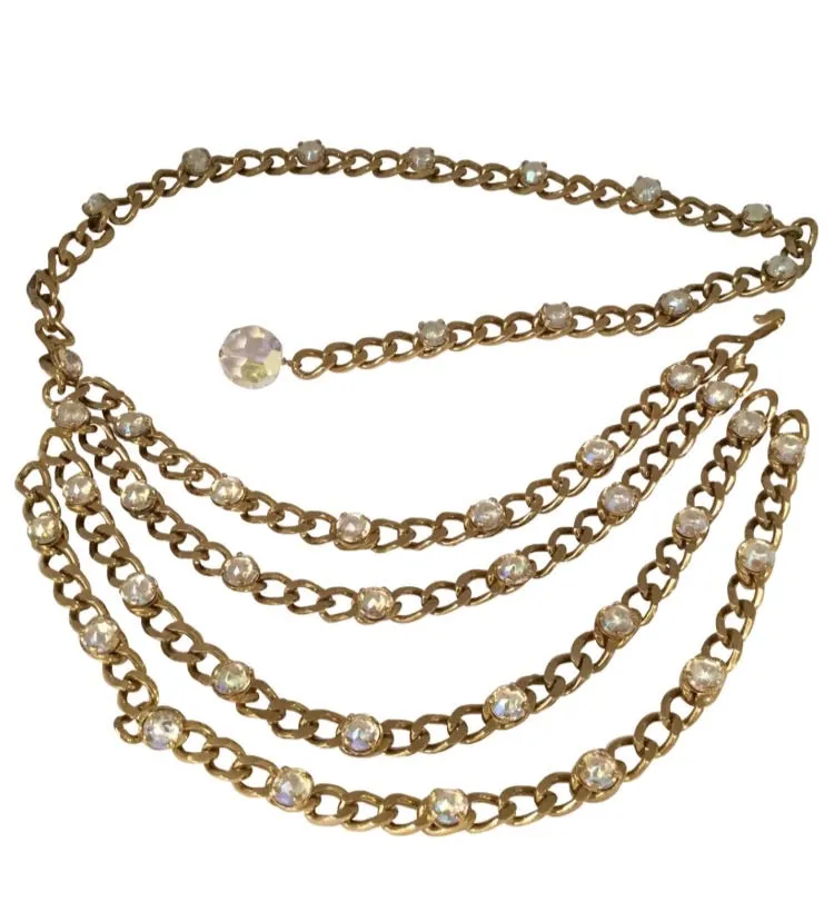 1989 Chanel Vintage Crystal MultiStrand Chain Belt Gold Metal