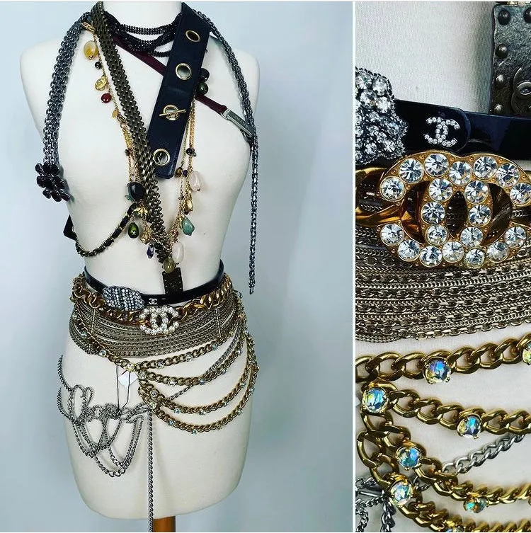 1989 Chanel Vintage Crystal MultiStrand Chain Belt Gold Metal