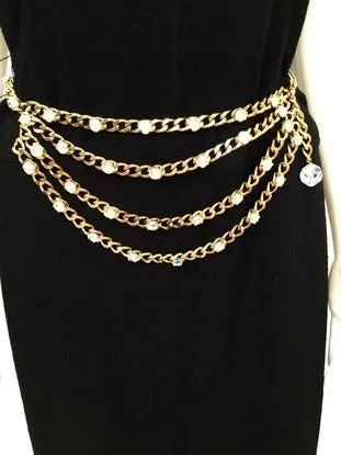 1989 Chanel Vintage Crystal MultiStrand Chain Belt Gold Metal