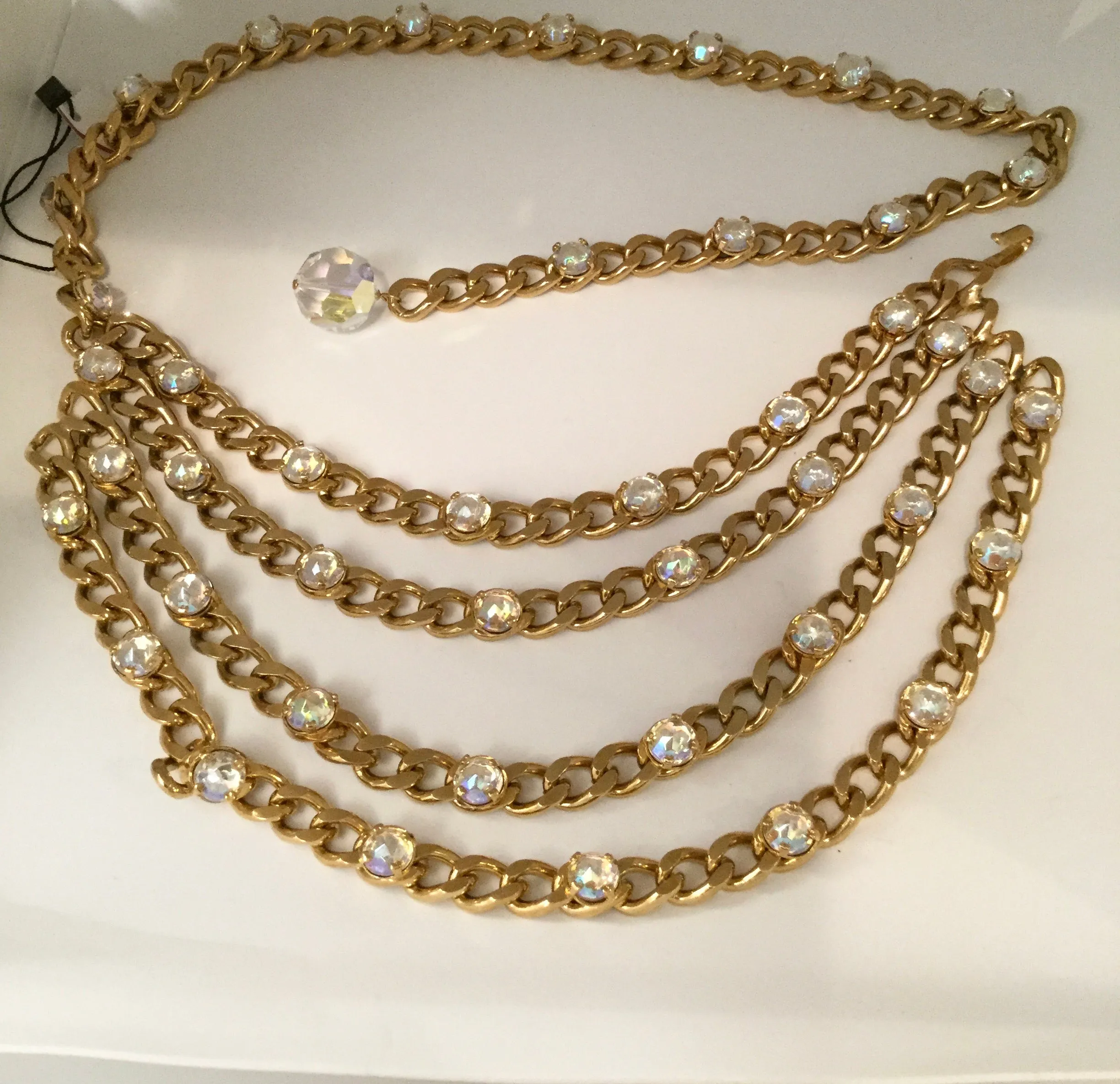 1989 Chanel Vintage Crystal MultiStrand Chain Belt Gold Metal