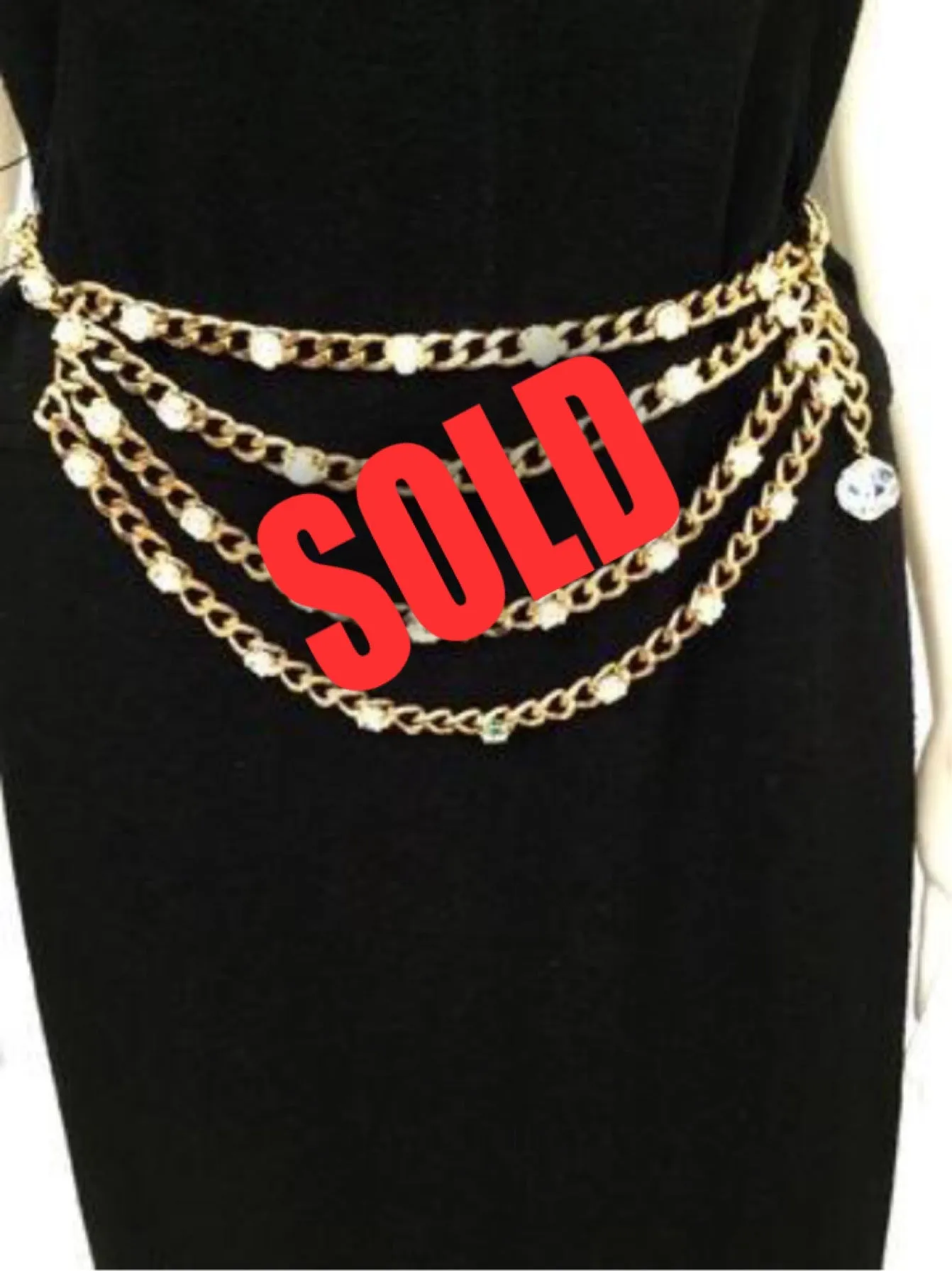 1989 Chanel Vintage Crystal MultiStrand Chain Belt Gold Metal