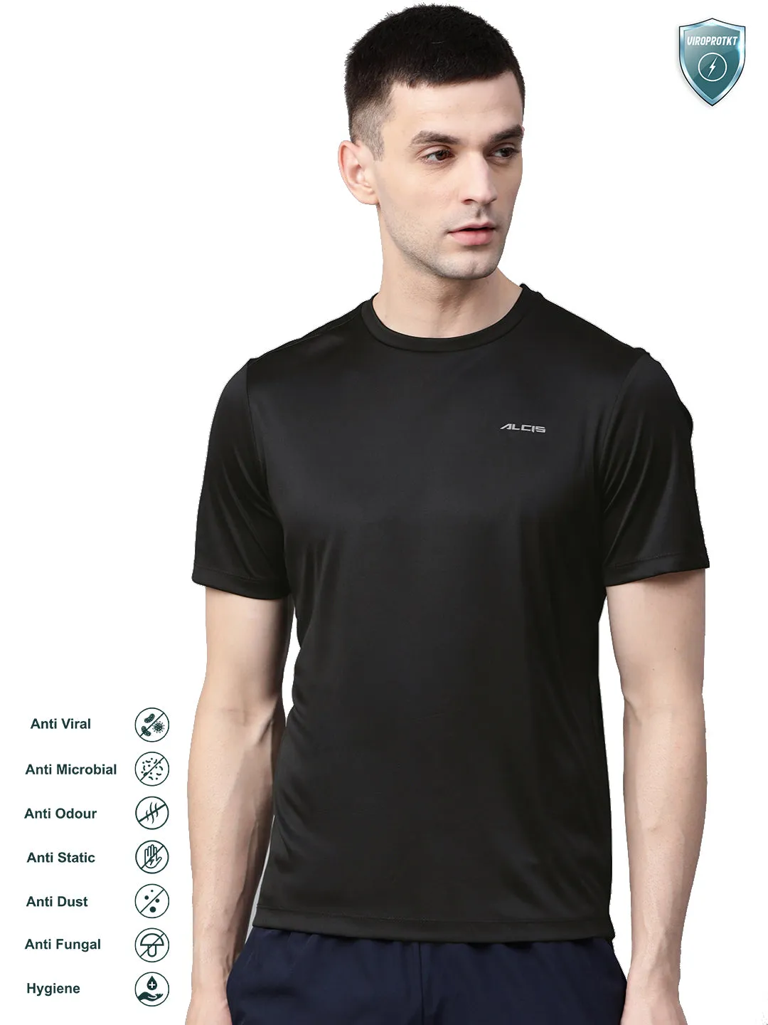 Alcis Men Black Slim Fit Solid Round Neck VIROPROTKT Training T-shirt