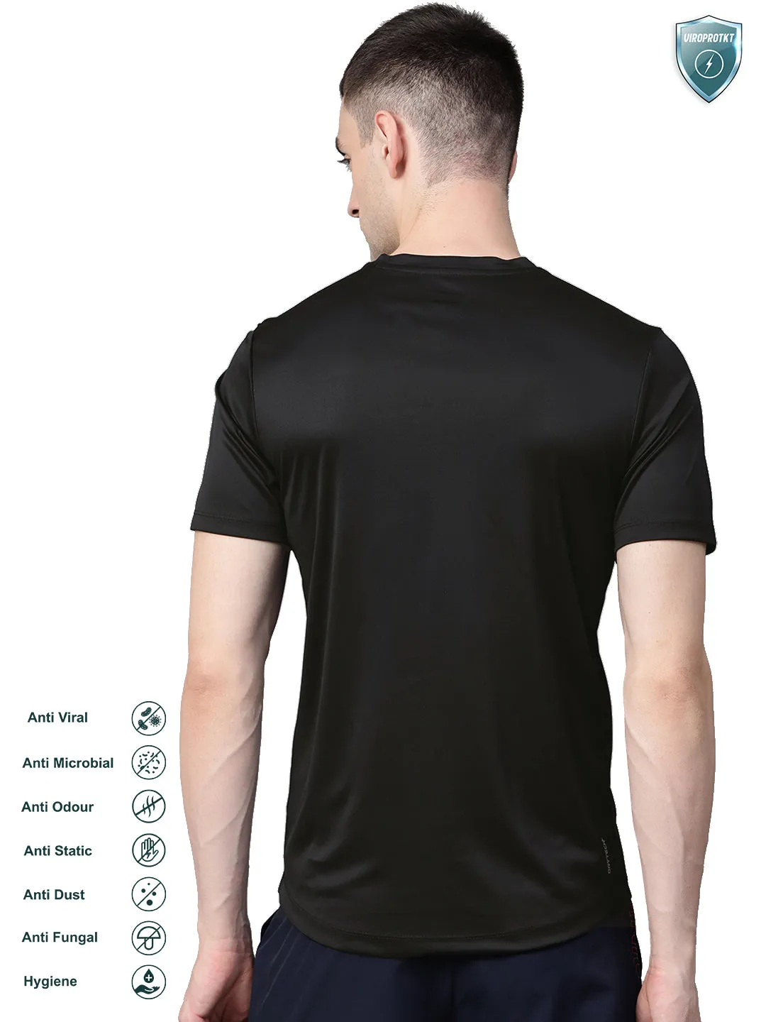 Alcis Men Black Slim Fit Solid Round Neck VIROPROTKT Training T-shirt