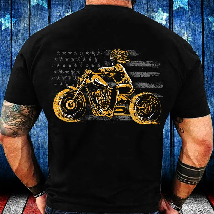 American Flag Biker Flaming Skull Motorcycles T-Shirt