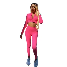 Autumn Seamless Solid Yoga Set Fashion Long Sleeve Crop Top Leggings Two Piece Set Casual Running Gym Fitness Workout Outfits