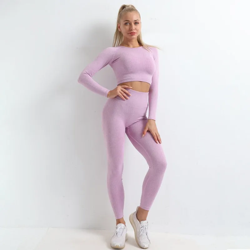 Autumn Seamless Yoga Set High Stretch Tracksuit For Women Long Sleeve Crop Top Leggings Two Piece Set Running Push Up Clothing