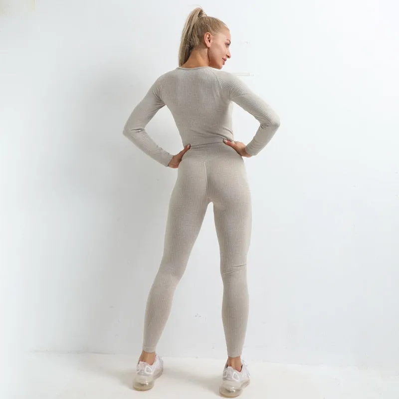 Autumn Seamless Yoga Set High Stretch Tracksuit For Women Long Sleeve Crop Top Leggings Two Piece Set Running Push Up Clothing