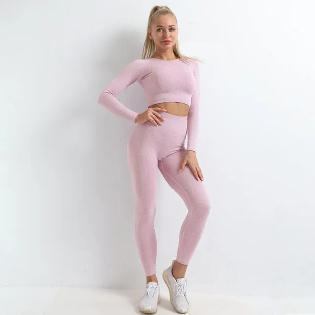 Autumn Seamless Yoga Set High Stretch Tracksuit For Women Long Sleeve Crop Top Leggings Two Piece Set Running Push Up Clothing