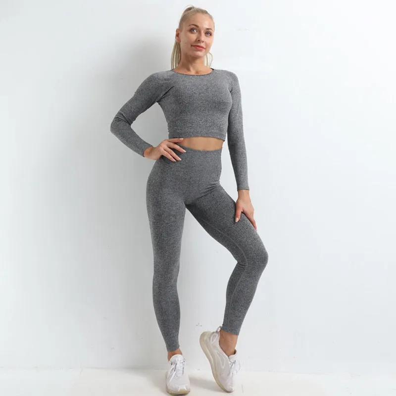 Autumn Seamless Yoga Set High Stretch Tracksuit For Women Long Sleeve Crop Top Leggings Two Piece Set Running Push Up Clothing