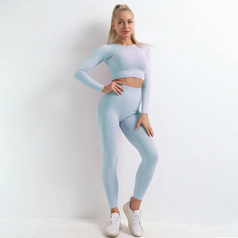 Autumn Seamless Yoga Set High Stretch Tracksuit For Women Long Sleeve Crop Top Leggings Two Piece Set Running Push Up Clothing