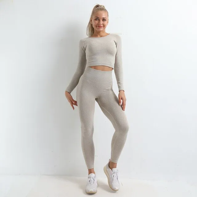 Autumn Seamless Yoga Set High Stretch Tracksuit For Women Long Sleeve Crop Top Leggings Two Piece Set Running Push Up Clothing