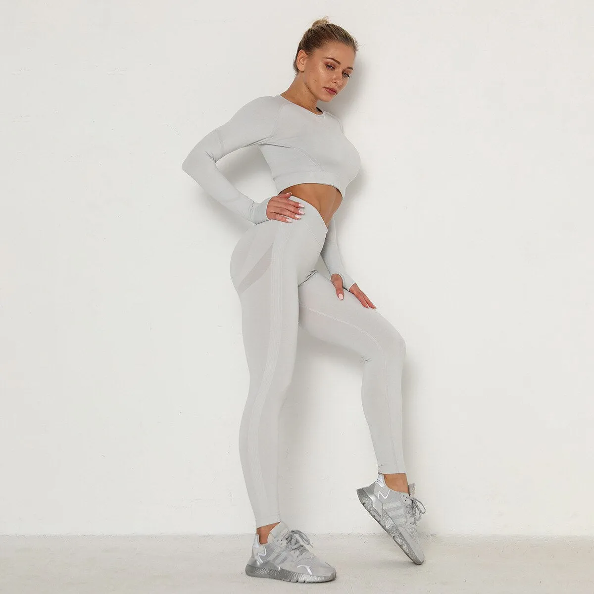 Autumn Seamless Yoga Set Women Gym Clothes Solid Long Sleeve Crop Top Leggings Tracksuit Workout Push Up Sports Fitness 2 Piece