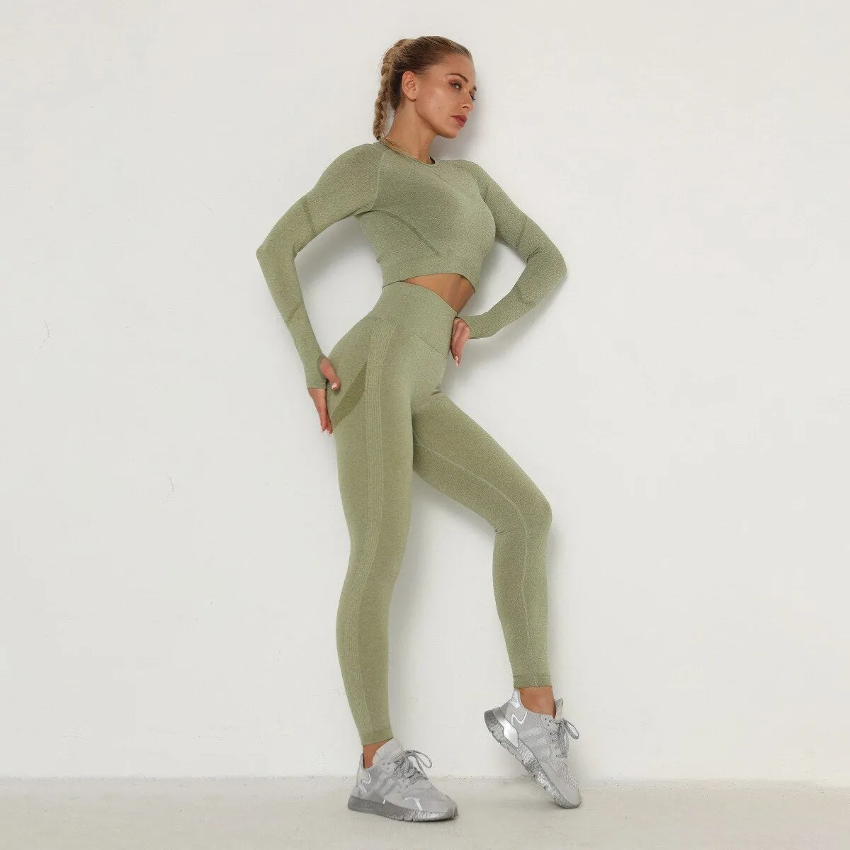 Autumn Seamless Yoga Set Women Gym Clothes Solid Long Sleeve Crop Top Leggings Tracksuit Workout Push Up Sports Fitness 2 Piece