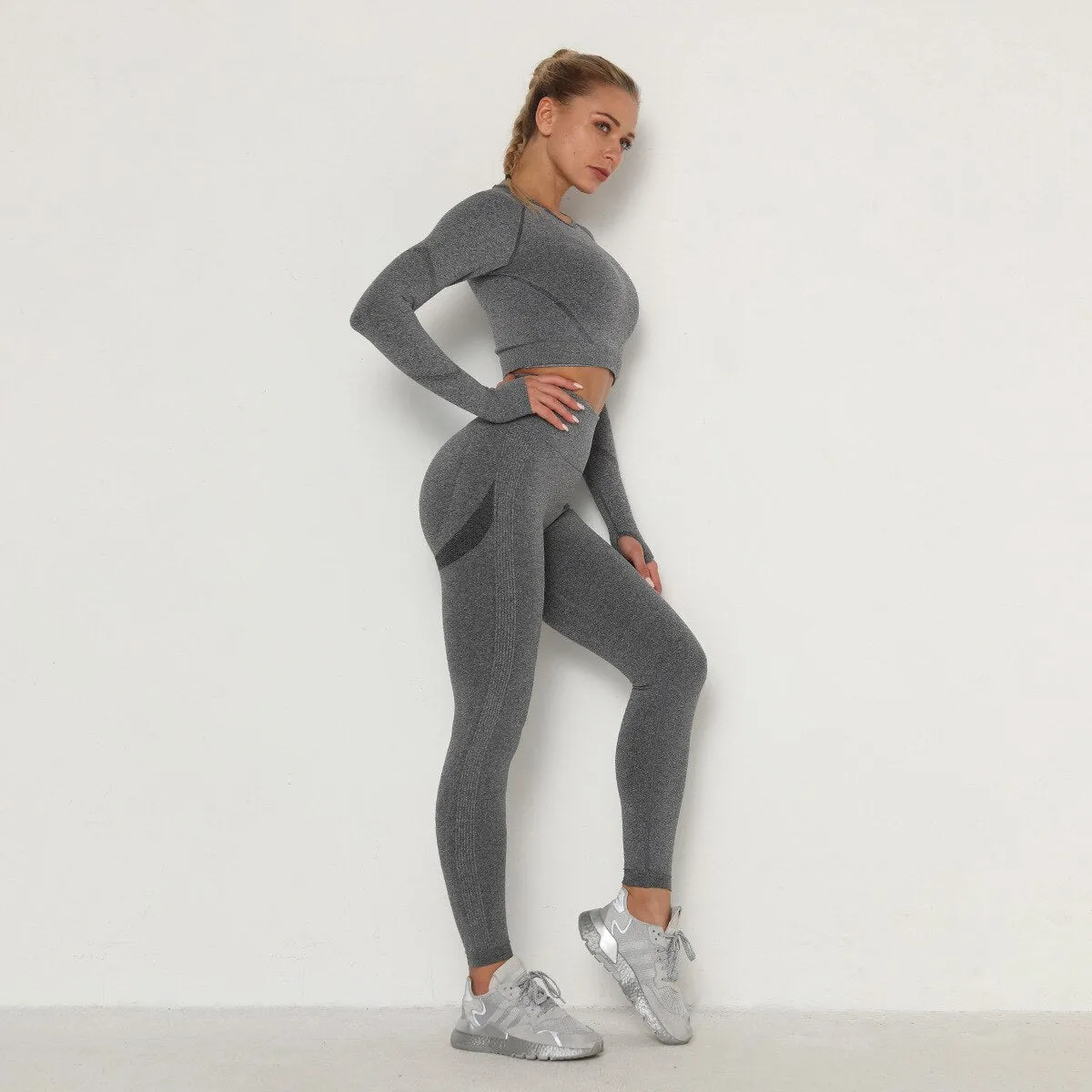 Autumn Seamless Yoga Set Women Gym Clothes Solid Long Sleeve Crop Top Leggings Tracksuit Workout Push Up Sports Fitness 2 Piece