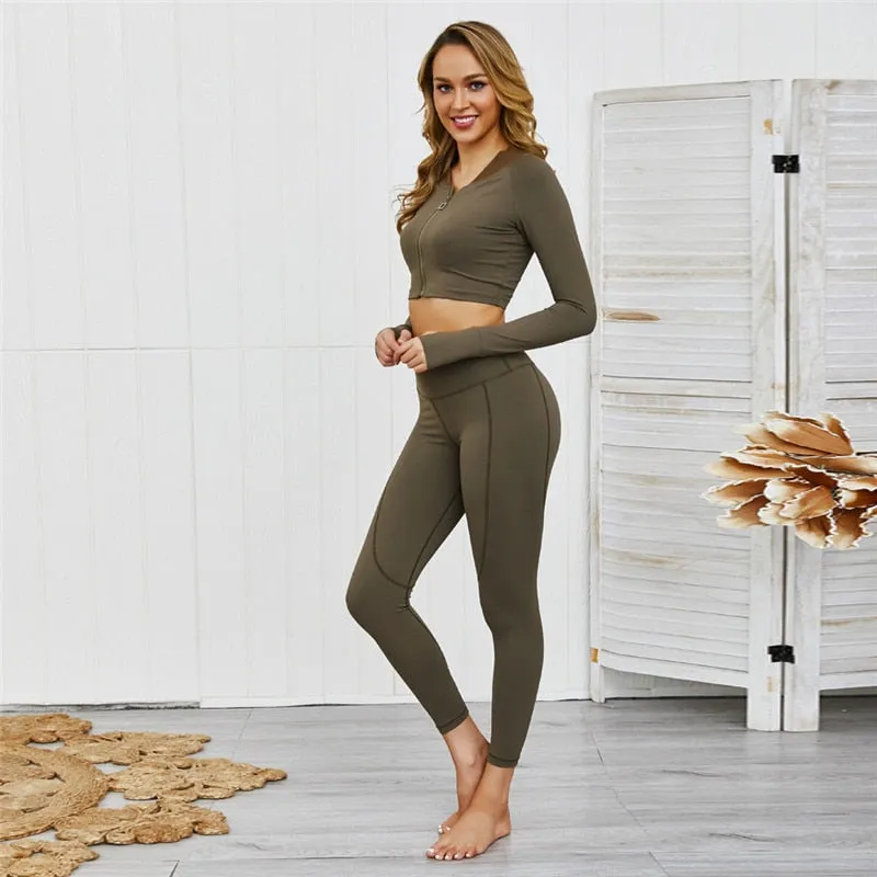 Autumn Women Two Piece Yoga Set Gym Workout Fitness Sports Suits Zipper Long Sleeve Jacket Top Leggings Jogging Pants