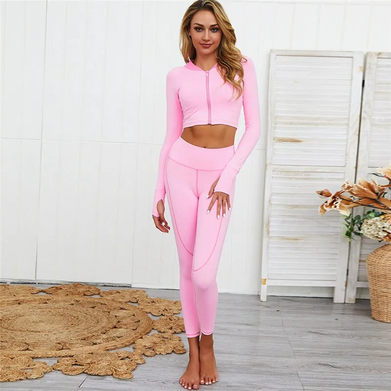 Autumn Women Two Piece Yoga Set Gym Workout Fitness Sports Suits Zipper Long Sleeve Jacket Top Leggings Jogging Pants