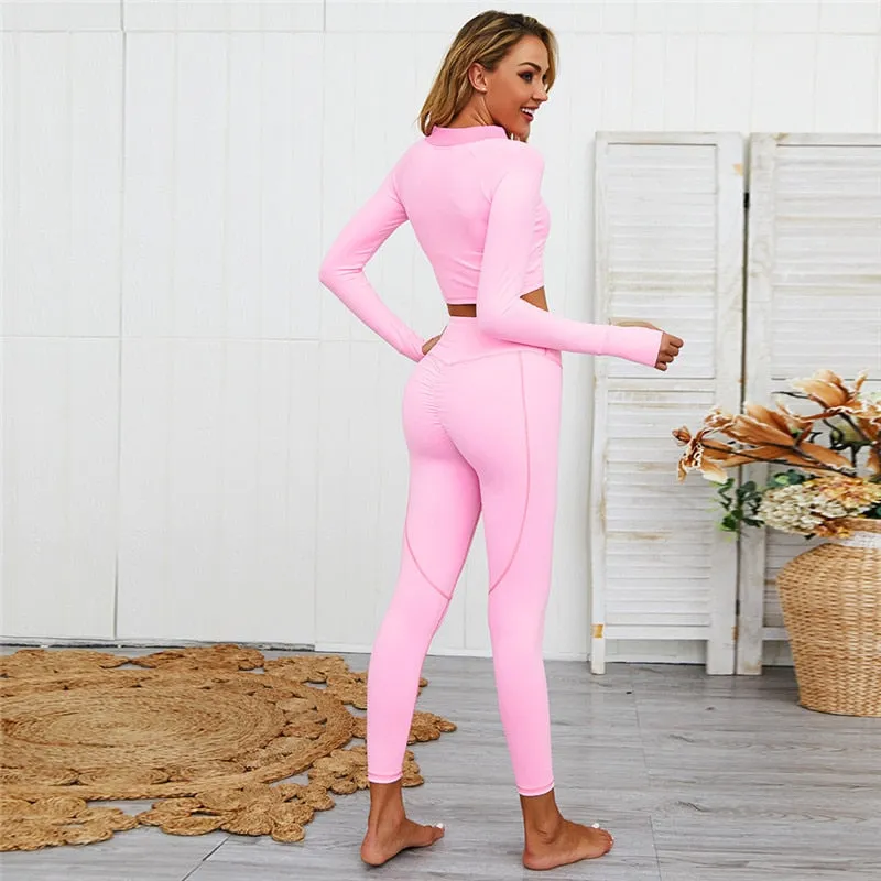 Autumn Women Two Piece Yoga Set Gym Workout Fitness Sports Suits Zipper Long Sleeve Jacket Top Leggings Jogging Pants