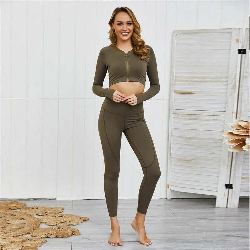 Autumn Women Two Piece Yoga Set Gym Workout Fitness Sports Suits Zipper Long Sleeve Jacket Top Leggings Jogging Pants