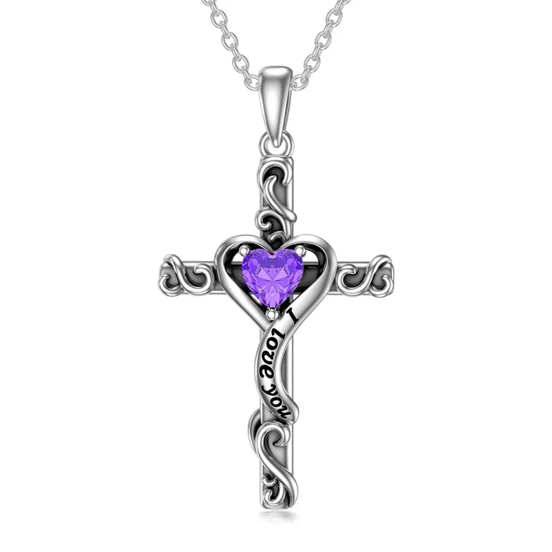 Birthstone Cross Necklaces for Women Sterling Silver I Love You Heart Cross Pendant Necklace