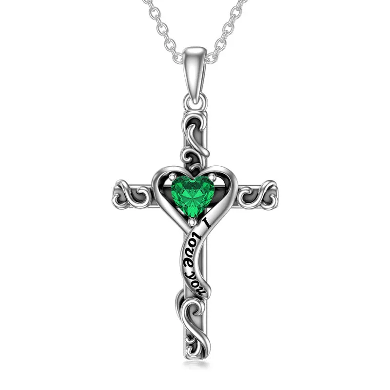 Birthstone Cross Necklaces for Women Sterling Silver I Love You Heart Cross Pendant Necklace