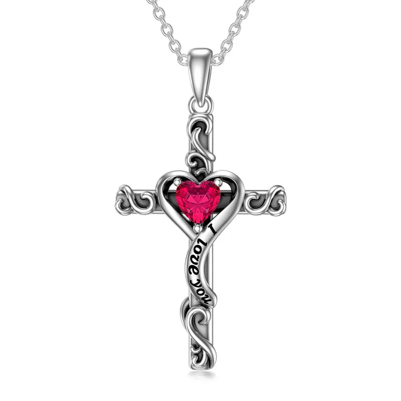 Birthstone Cross Necklaces for Women Sterling Silver I Love You Heart Cross Pendant Necklace