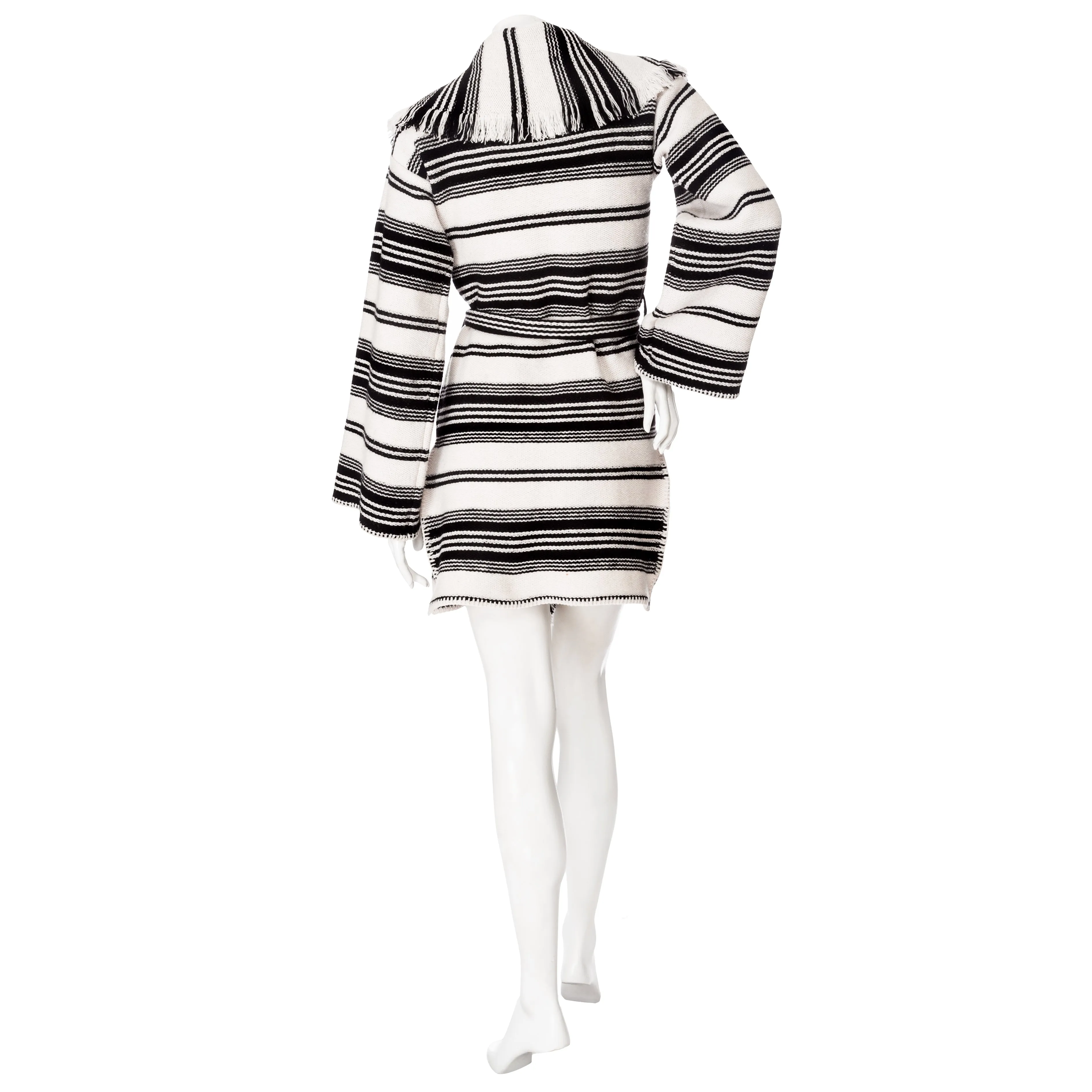 Black and White Striped Wool Fringed Cardigan