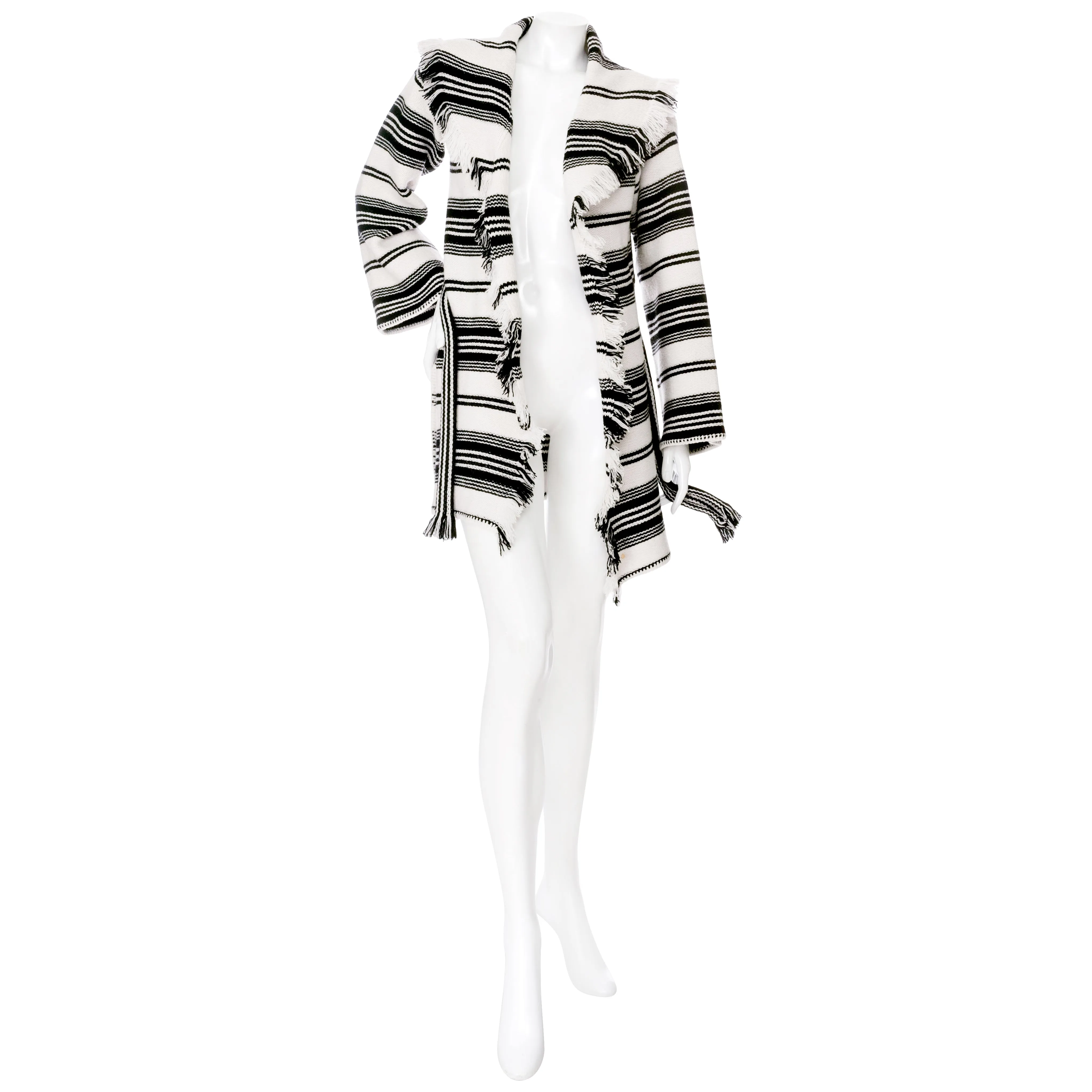 Black and White Striped Wool Fringed Cardigan