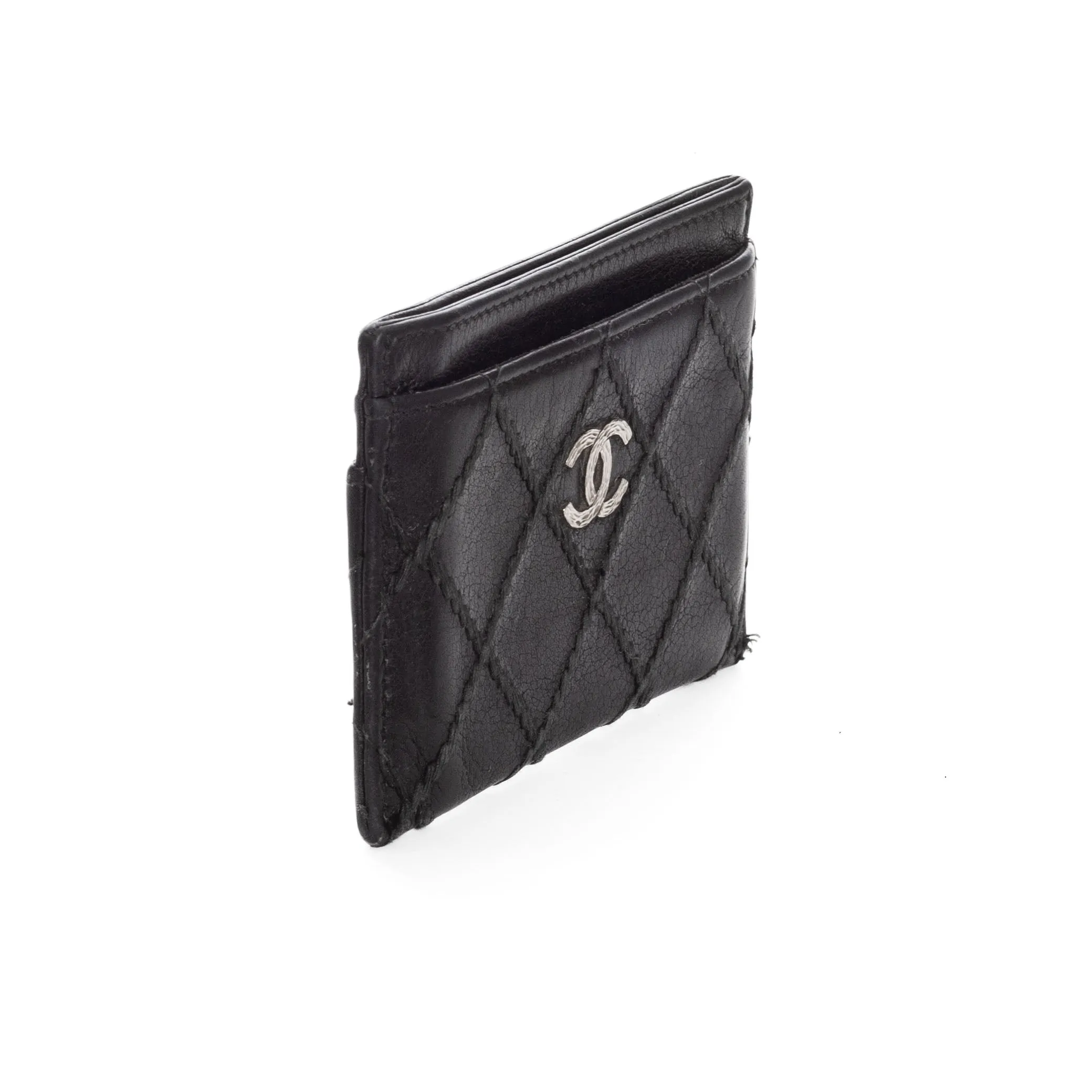 Black Leather Quilted Engraved Interlocking CC Card Holder