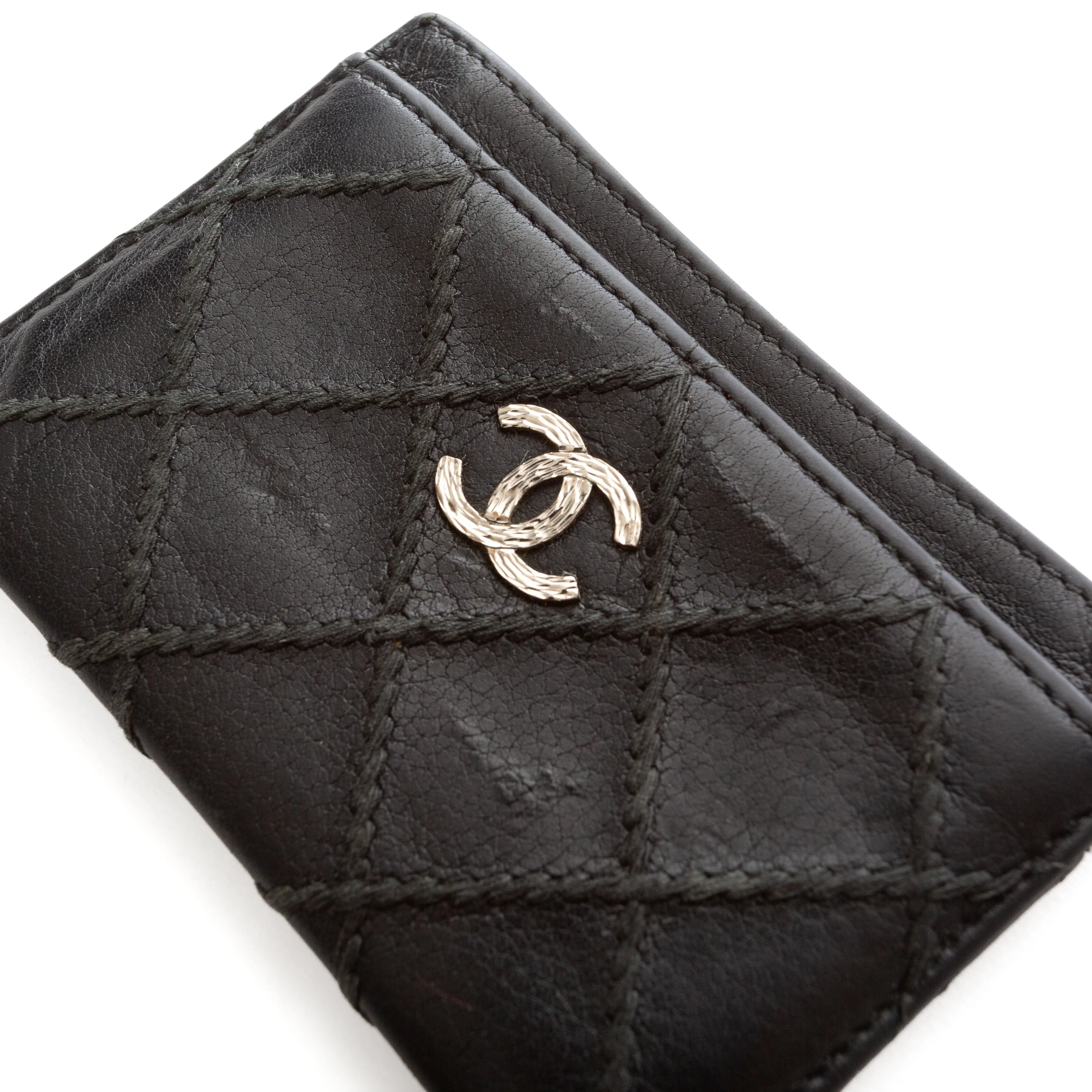 Black Leather Quilted Engraved Interlocking CC Card Holder