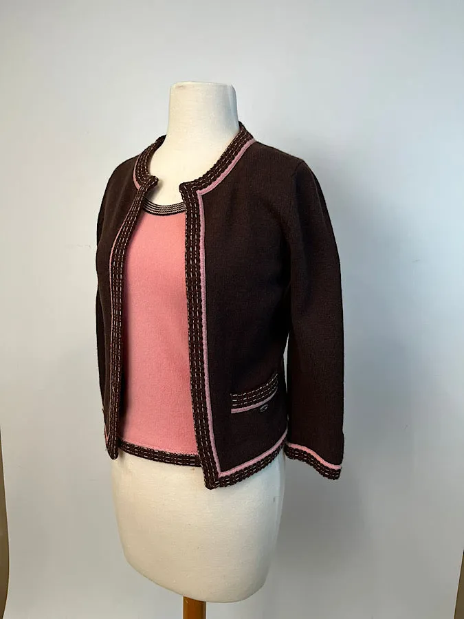 Chanel 05A 2005 Fall Cashmere Pink Brown Camisole Blouse Cardigan Twinset FR 34 US 2/4