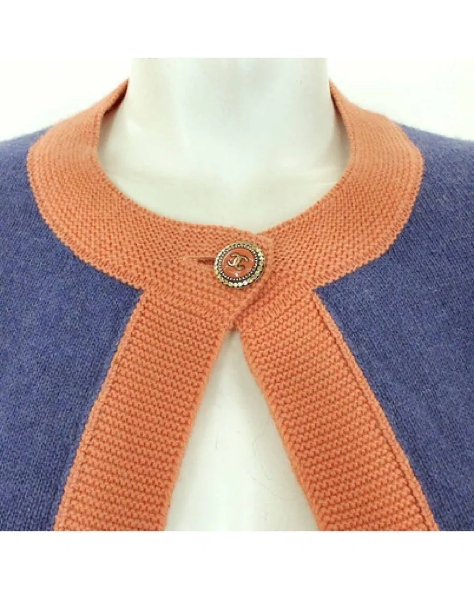 Chanel 07P 2007 Spring Dusty Blue Peach Trim Cashmere Cardigan Sweater FR 38 US 4