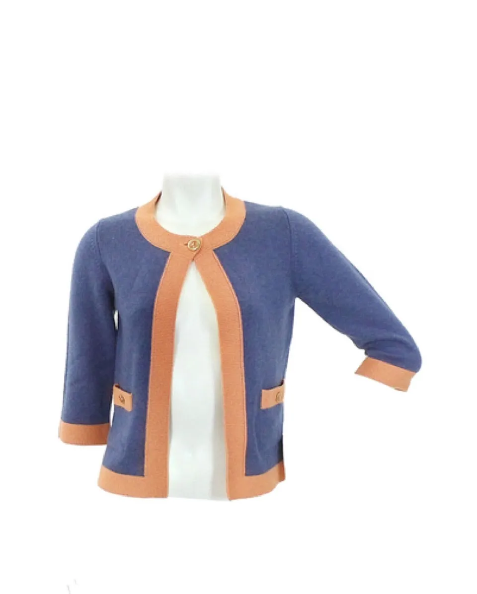 Chanel 07P 2007 Spring Dusty Blue Peach Trim Cashmere Cardigan Sweater FR 38 US 4