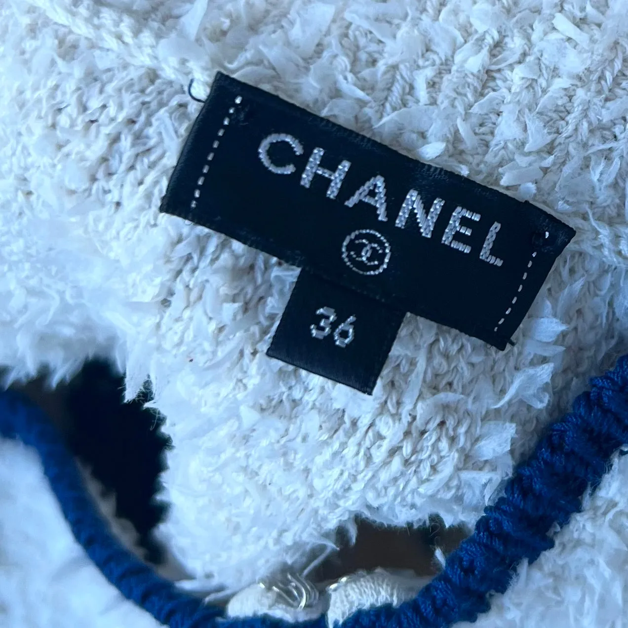 CHANEL cream boucle blue CC knit logo varsity short skirt FR36 S