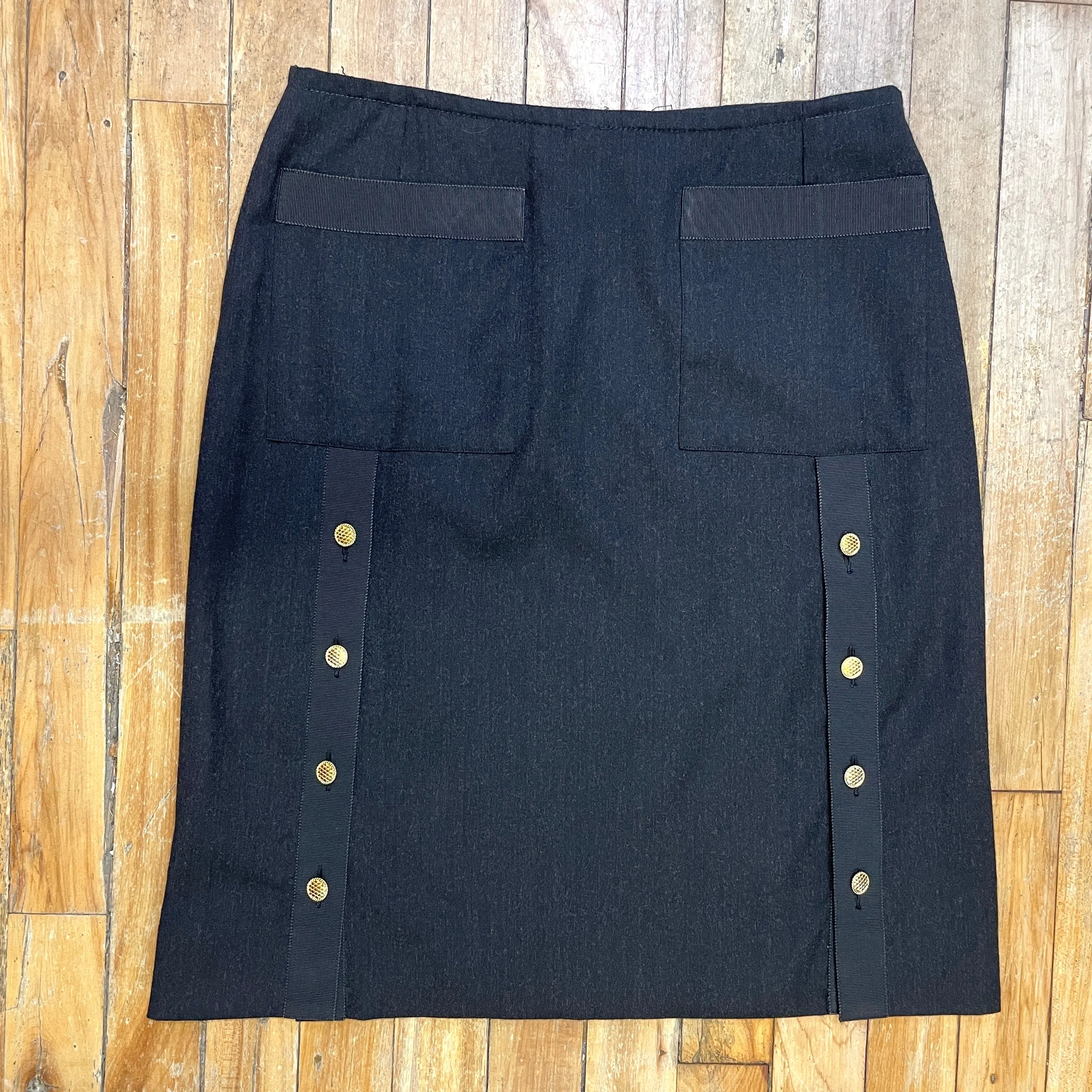 Chanel Paris Designer Vintage Charcoal Grey Skirt With Golden Button Accents 29" Waist