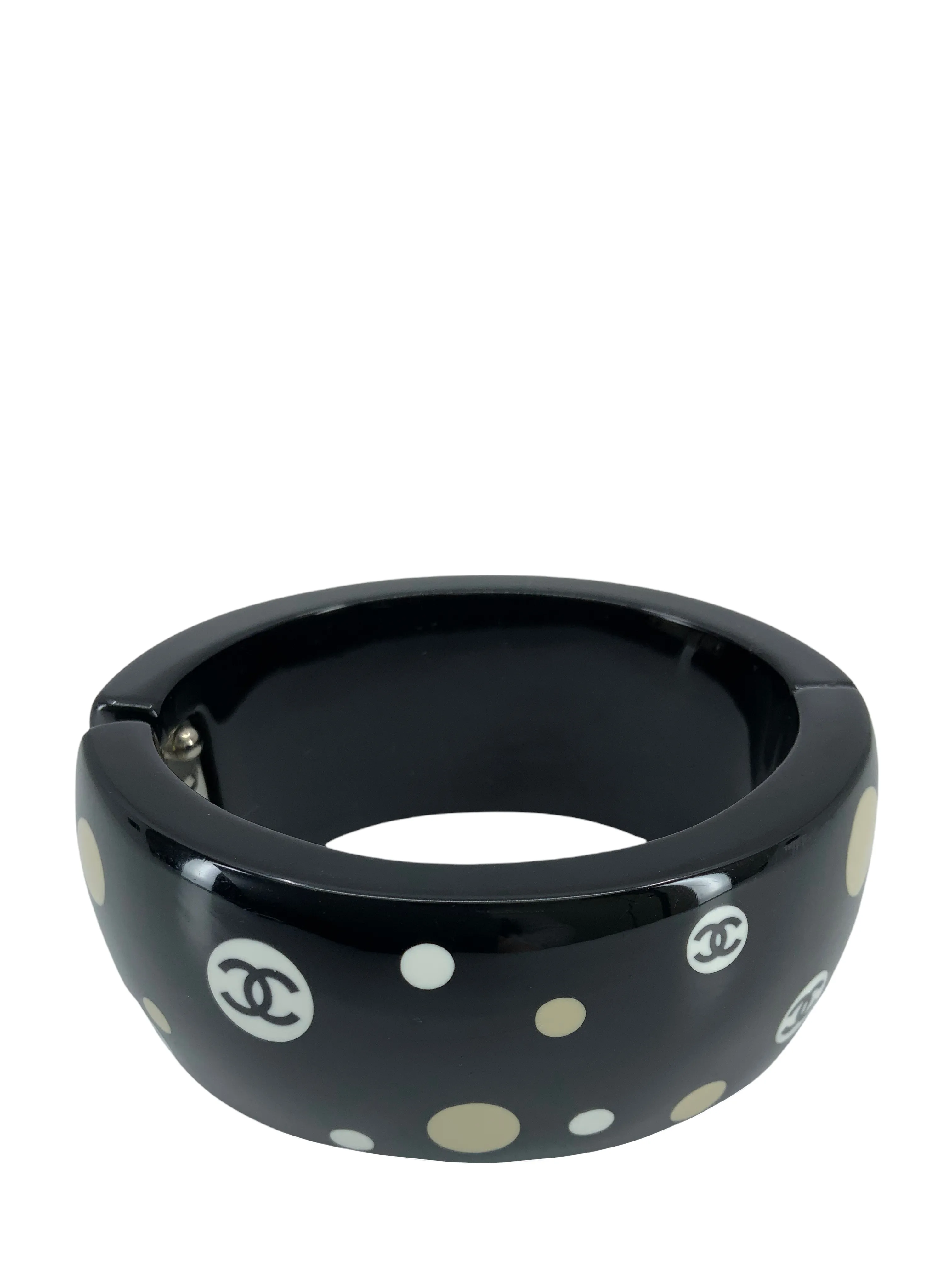 Chic Chanel Wide Bangle Bracelet with Resin CC Logo and Polka Dot Pattern