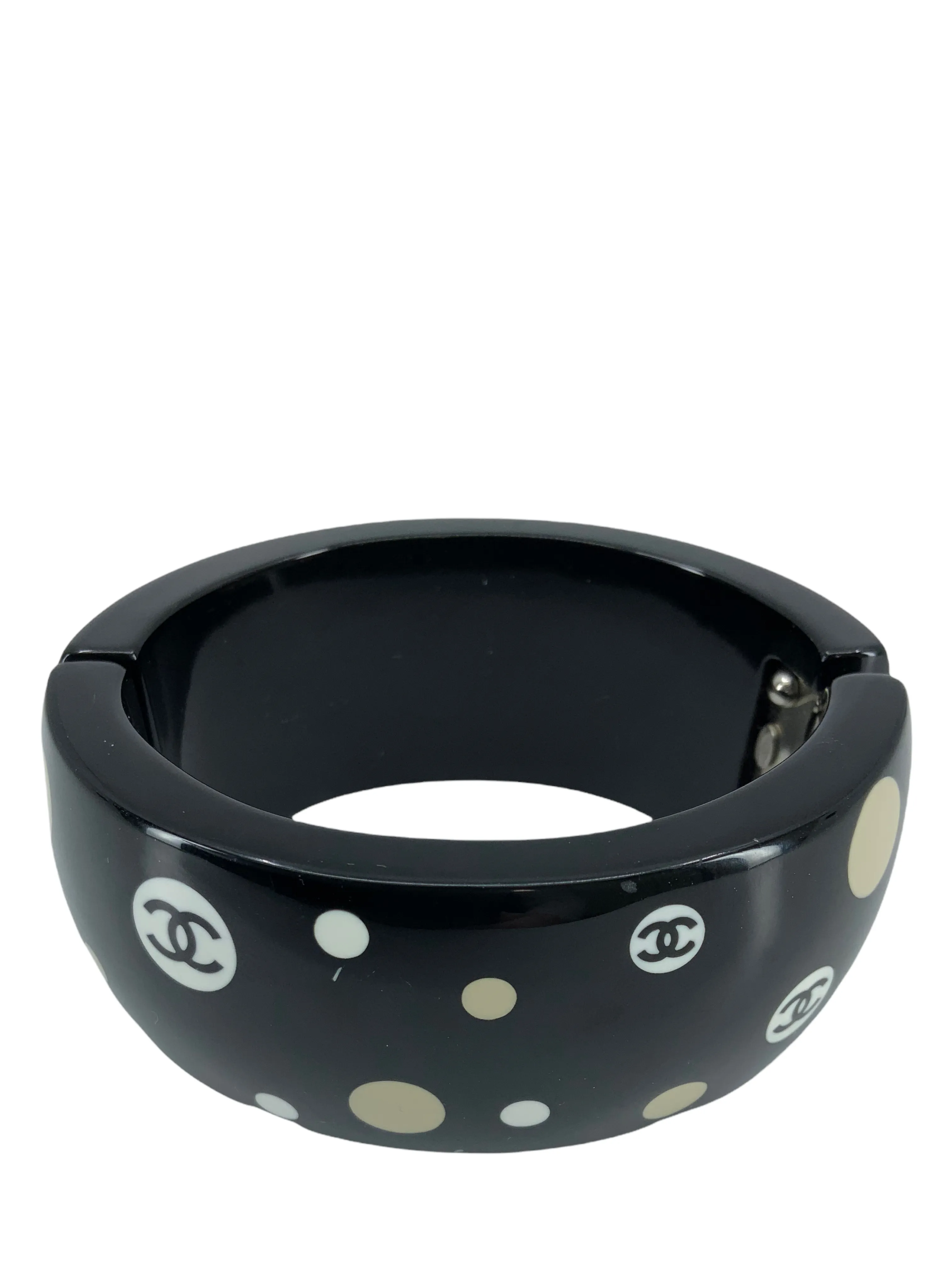 Chic Chanel Wide Bangle Bracelet with Resin CC Logo and Polka Dot Pattern