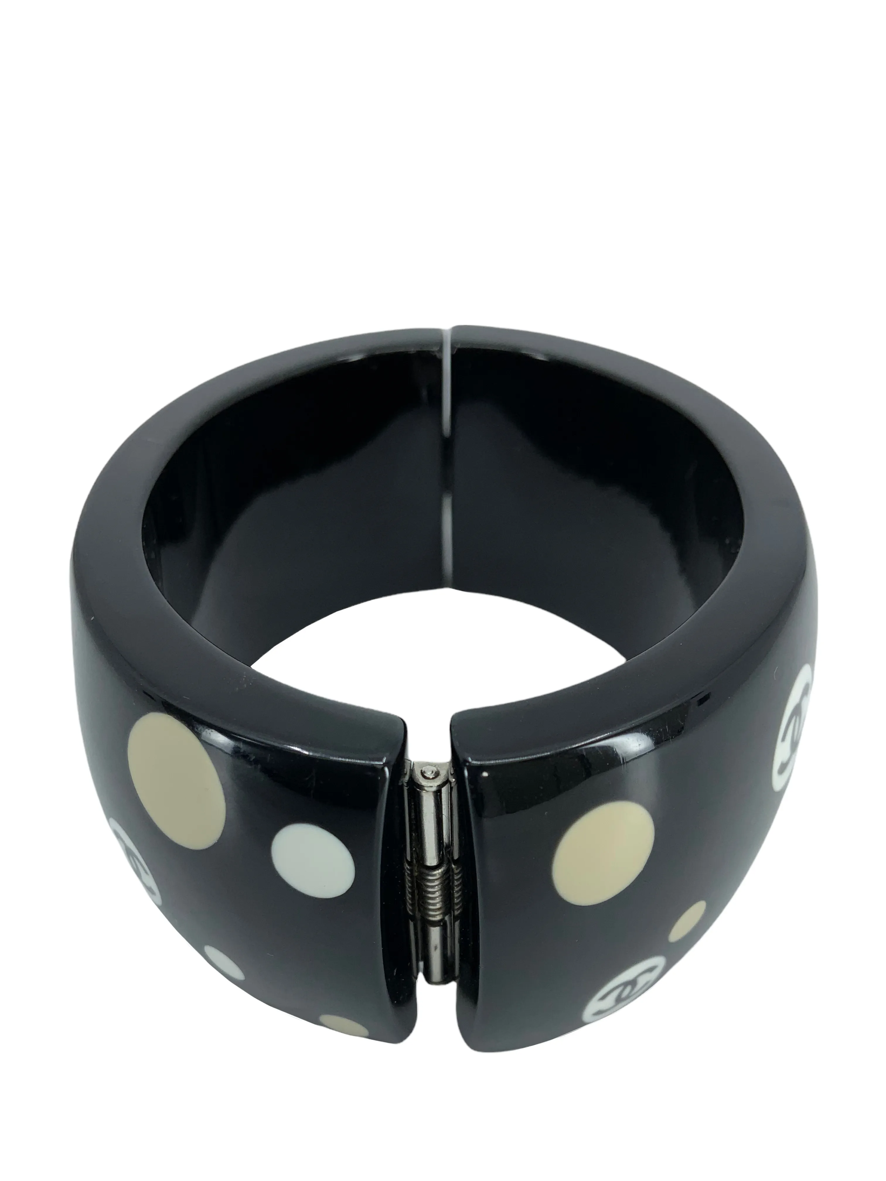 Chic Chanel Wide Bangle Bracelet with Resin CC Logo and Polka Dot Pattern