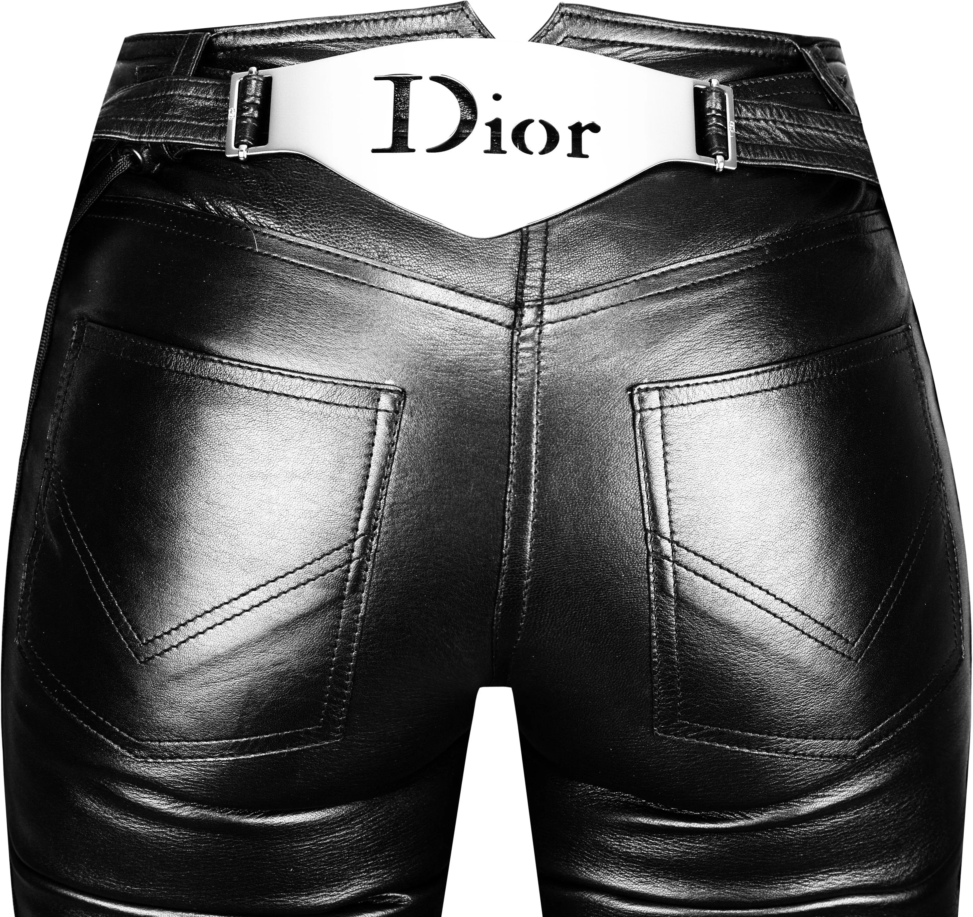 Christian Dior Fall 2002 Embellished Logo Plate Leather Pants - Luxe Designer Fashion