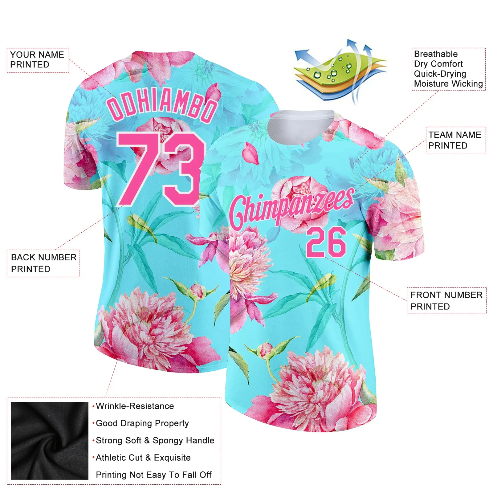 Custom Aqua Pink-White 3D Pattern Design Flowers Performance T-Shirt