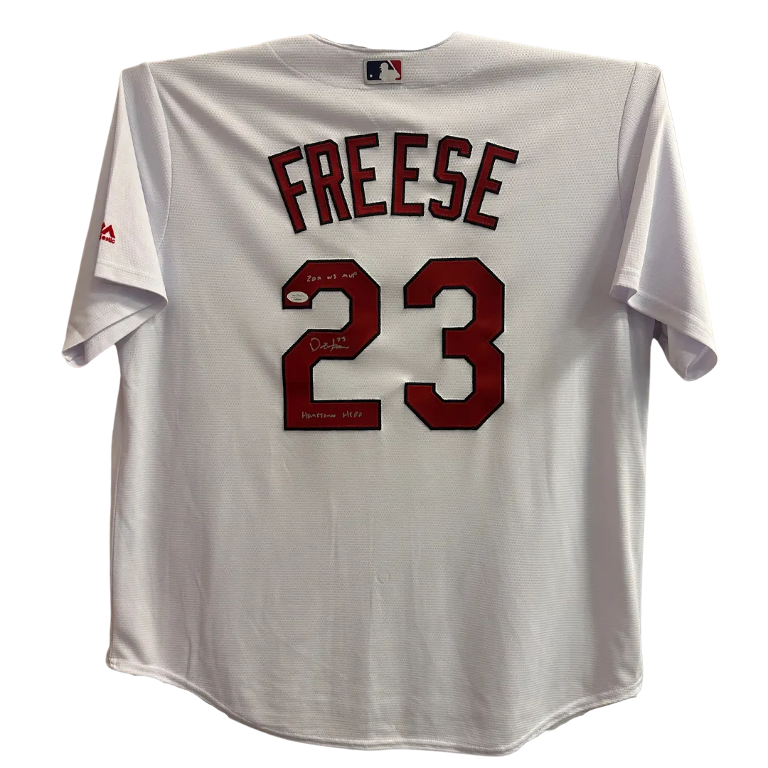 David Freese St Louis Cardinals Autographed Majestic Replica Jersey w/ (2) two Inscriptions - JSA COA