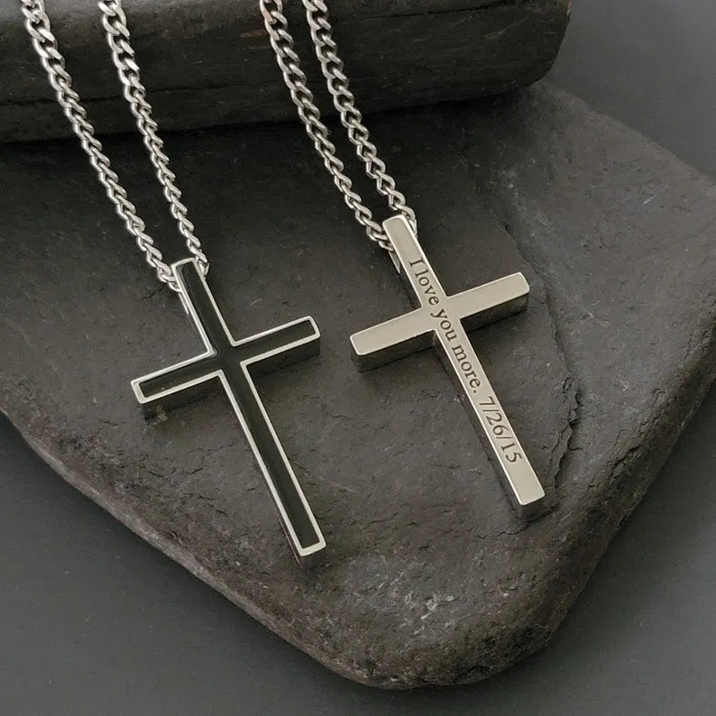 Engraved Cross Necklace Personalized Cross Pendant For Men Father's Day Gift