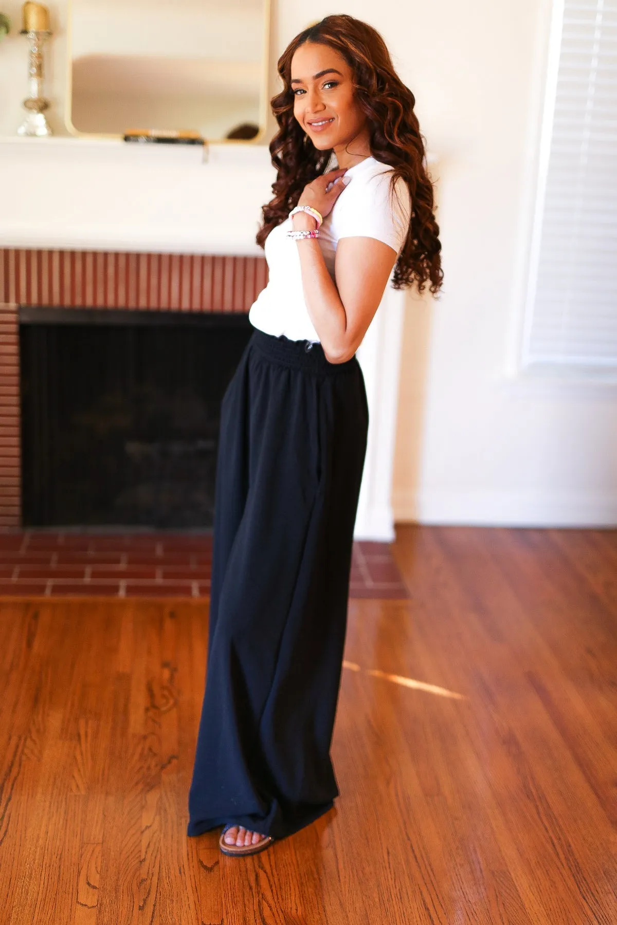 Everyday Black Smocked Waist Palazzo Pants