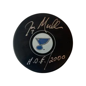 Joe Mullen St Louis Blues Autographed Logo Puck w/ "HOF 2000" Inscription - Fan Cave COA