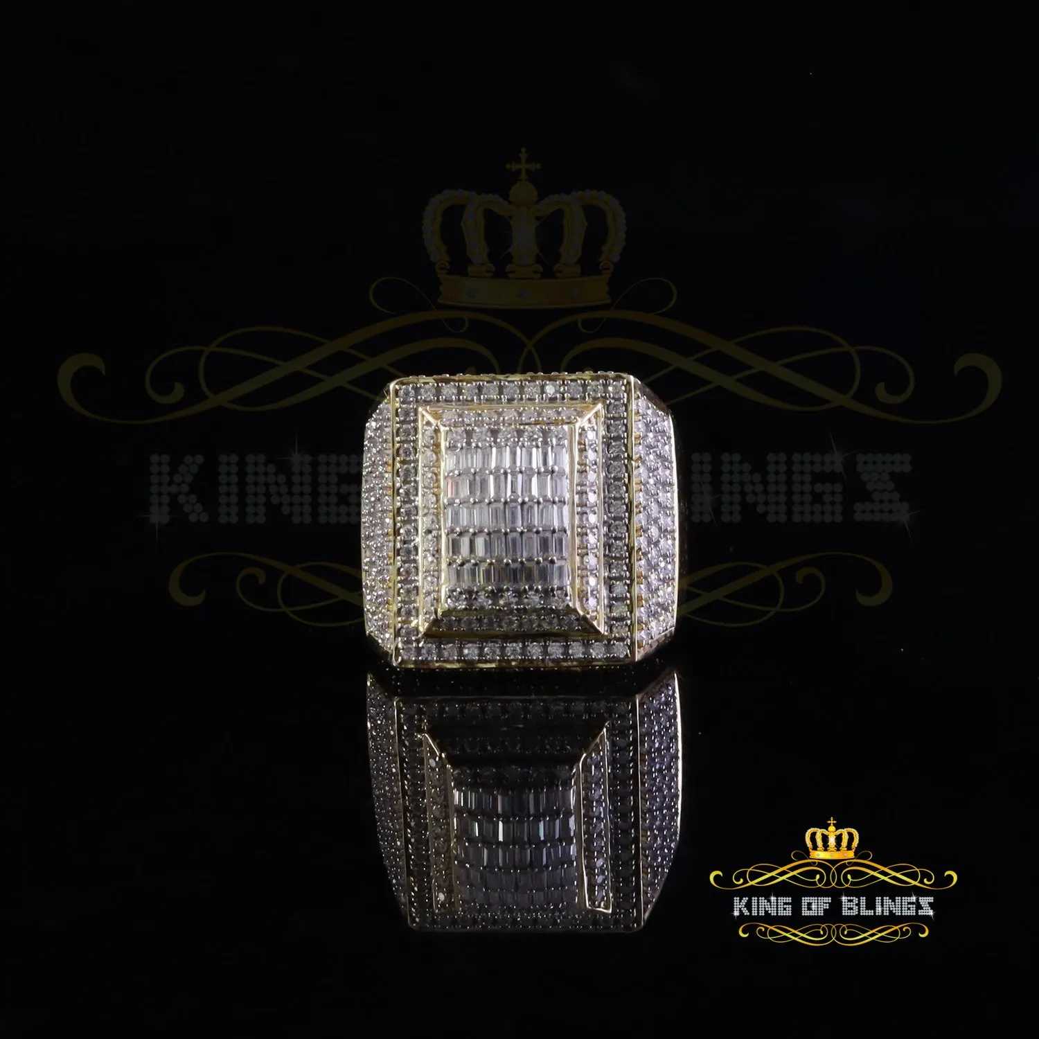 King of Bling's Men's/Womens 925 Yellow Silver 4.00ct VVS 'D' Moissanite 3D Square Rings Size 10