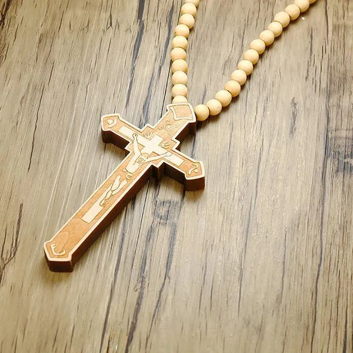 Large Catholic Wooden Cross Bead Rosary Pendant Necklace