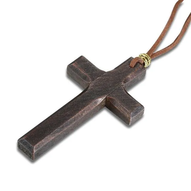 Large Catholic Wooden Cross Bead Rosary Pendant Necklace