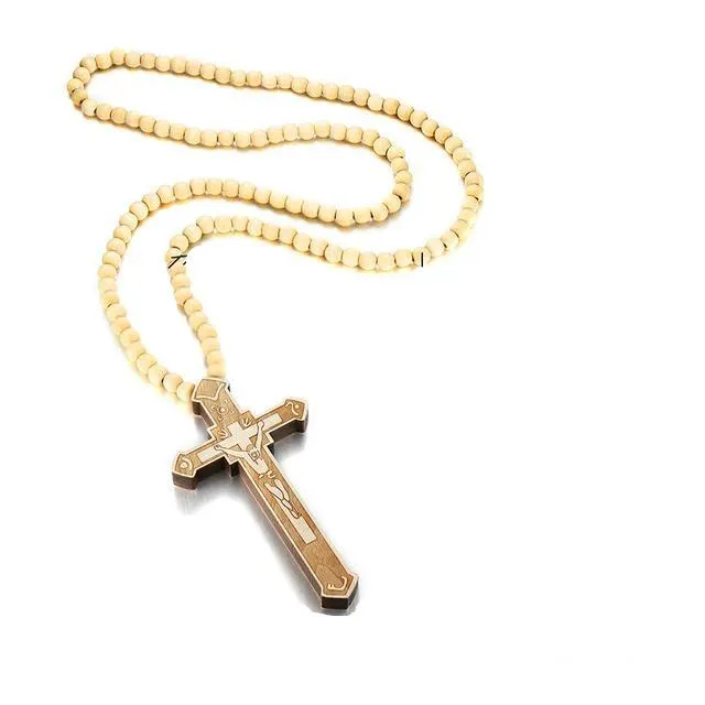 Large Catholic Wooden Cross Bead Rosary Pendant Necklace