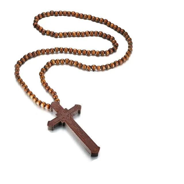 Large Catholic Wooden Cross Bead Rosary Pendant Necklace