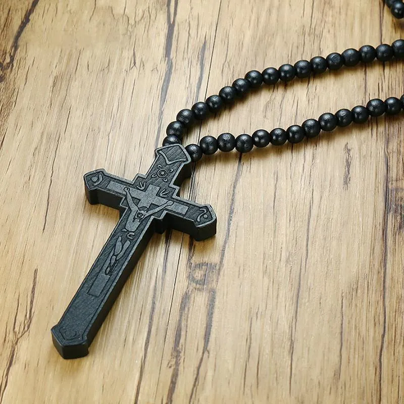 Large Catholic Wooden Cross Bead Rosary Pendant Necklace