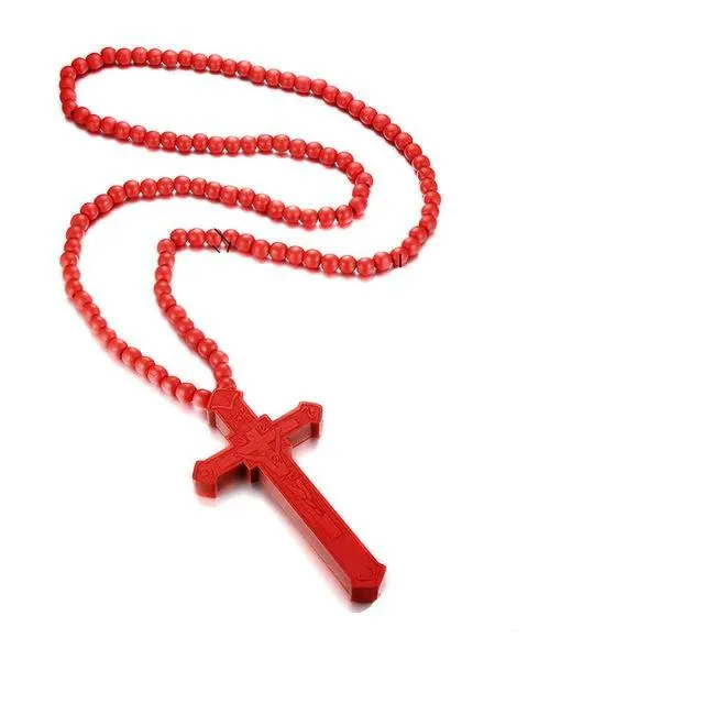 Large Catholic Wooden Cross Bead Rosary Pendant Necklace